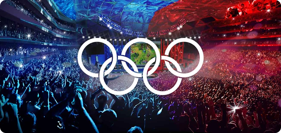 Een uitgelaten menigte juicht in een stadion met rode en blauwe verlichting. Boven het stadion zijn de Olympische ringen te zien, die een gevoel van opwinding en grootsheid uitstralen